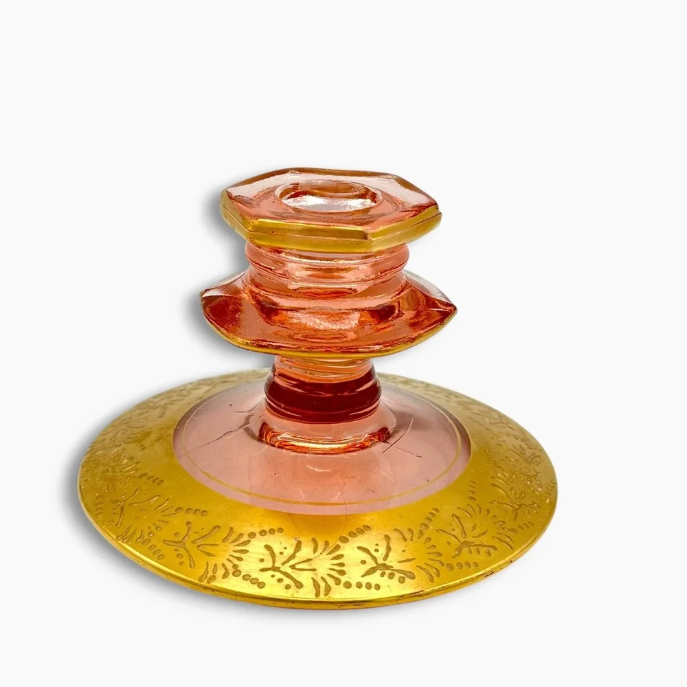 Vintage Fostoria Pink Depression Glass Candlestick Holder Gold Floral Etch 3.25